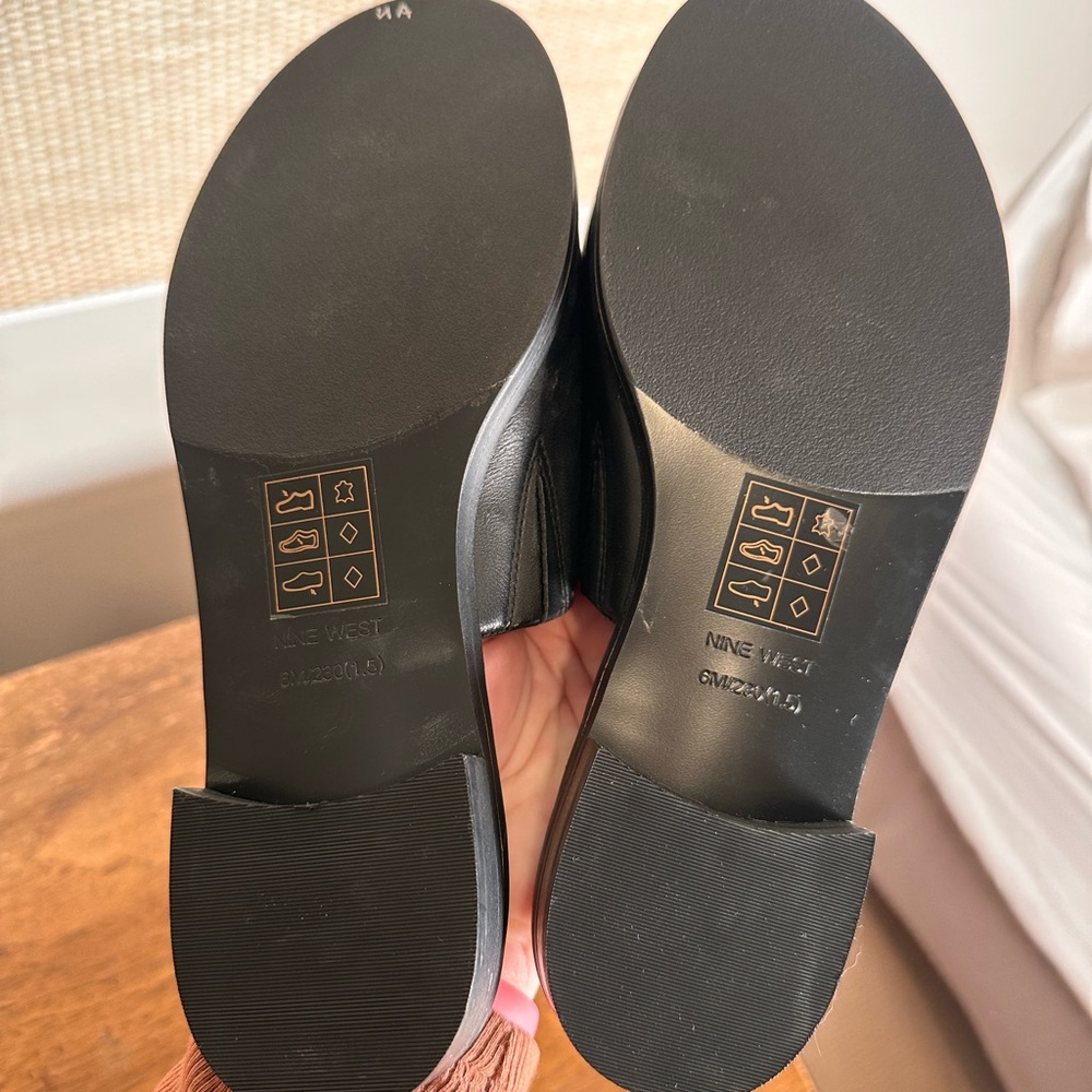 Nine West Black Slide Sandals with Gold Pin Accent - Picture 2 of 5
